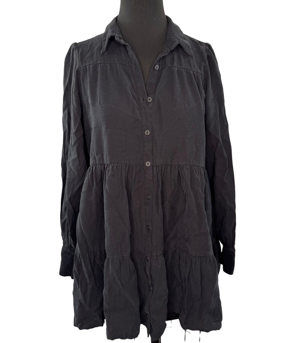 ZARA Black Mini Shirt Dress Denim Tiered Pleated Collared Button-Up Sz M Medium